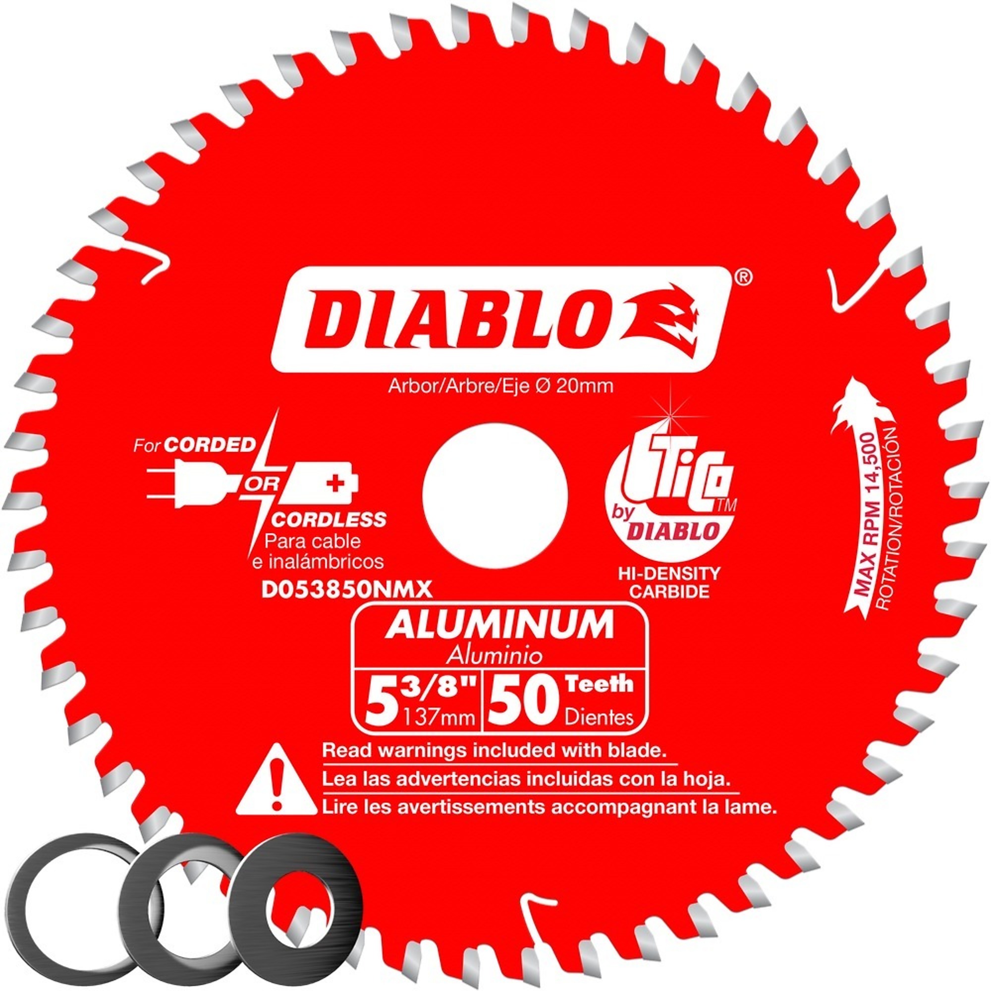 Diablo, 5 3/8 x 50 Aluminum Blade, Blade Diameter 5 3/8 in, Teeth Per Inch 50 TPI, Included (qty.) 1, Model# D053850NMX